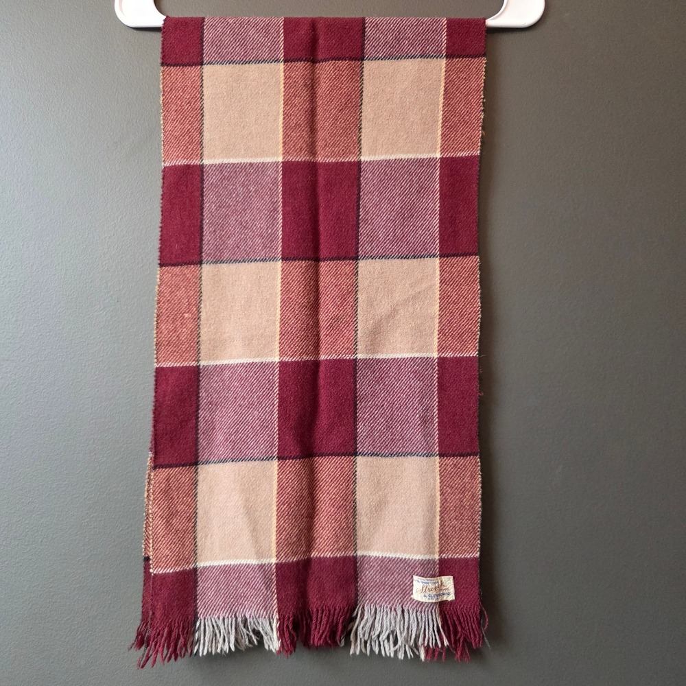 Stroock by Glentowne Plaid Wool Rabbit Hair Scarf Burgundy Tan Fringe